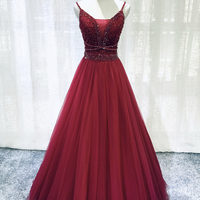 Burgundy tulle beads long A line prom dress evening dress - Thumbnail 1