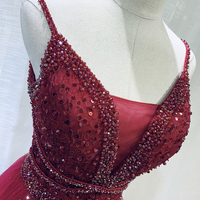 Burgundy tulle beads long A line prom dress evening dress - Thumbnail 2