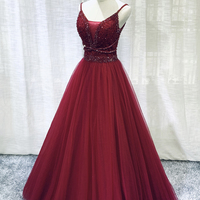 Burgundy tulle beads long A line prom dress evening dress - Thumbnail 3