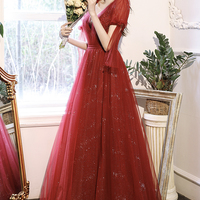 Burgundy tulle long A line prom dress fashion dress - Thumbnail 1