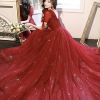 Burgundy tulle long A line prom dress fashion dress - Thumbnail 2