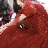 Burgundy tulle long A line prom dress fashion dress - Thumbnail 3