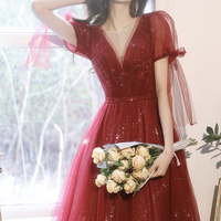 Burgundy tulle long A line prom dress fashion dress - Thumbnail 4