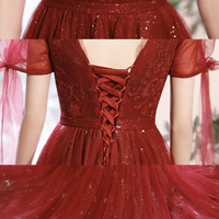 Burgundy tulle long A line prom dress fashion dress - Thumbnail 6
