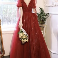 Burgundy tulle long A line prom dress fashion dress - Thumbnail 5