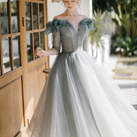 Cute tulle beads A line prom dress cute evening dress - Thumbnail 1