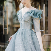 Cute tulle beads A line prom dress cute evening dress - Thumbnail 2