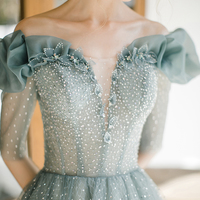 Cute tulle beads A line prom dress cute evening dress - Thumbnail 7