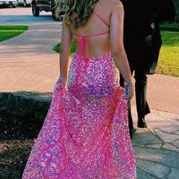 Glitter Hot Pink Sequined Mermaid Long Prom Dress - Thumbnail 1
