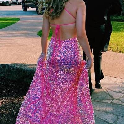 Glitter hot pink sequined mermaid long prom dress - Thumbnail 3