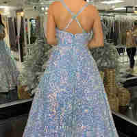 Glitter Sequins White Long Prom Dress with Pockets - Thumbnail 1