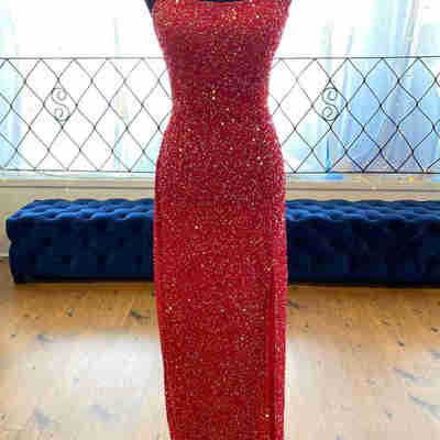 Glitter red sequis long prom dresses cross back formal party dresses - Thumbnail 4