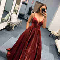 Elegant Spaghetti Straps Burgundy Satin Prom Dresses - Thumbnail 1