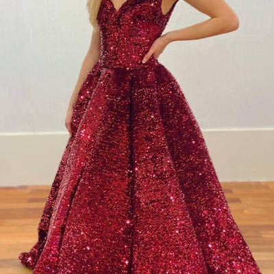 Sparkle off the shoulder prom dresses burgundy sequined ball gown - Thumbnail 5