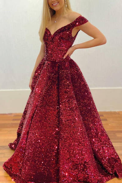Sparkle Off the Shoulder Prom Dresses Burgundy Sequined Ball Gown