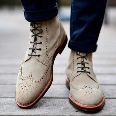 New beige customize wingtip brogue ankle high dress boot - Thumbnail 4