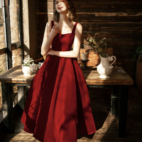 Burgundy velvet short prom dress simple dress - Thumbnail 3
