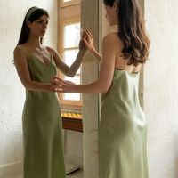 Simple V Neck Green Silk Satin Prom Dresses Evening Party Dresses - Thumbnail 2