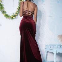 Elegant Mermaid Square Neck Burgundy Velvet Long Prom Dresses with Criss Cross Back - Thumbnail 1