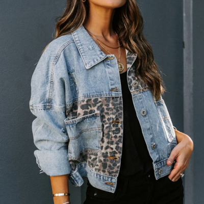 Long-sleeved denim single-breasted leopard coat - Thumbnail 3