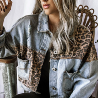 Long-Sleeved Denim Single-Breasted Leopard Coat - Thumbnail 2
