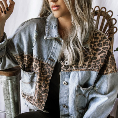 Long-sleeved denim single-breasted leopard coat