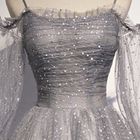 Gray Tulle Sequins Long A Line Prom Dress Evening Dress - Thumbnail 2