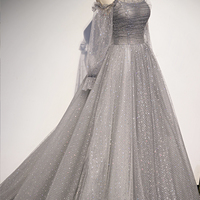 Gray Tulle Sequins Long A Line Prom Dress Evening Dress - Thumbnail 4