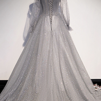 Gray Tulle Sequins Long A Line Prom Dress Evening Dress - Thumbnail 5
