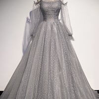 Gray Tulle Sequins Long A Line Prom Dress Evening Dress - Thumbnail 6