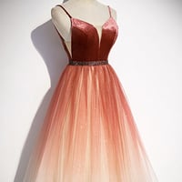 Burgundy gradient long A line prom dress - Thumbnail 1
