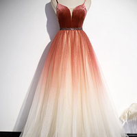 Burgundy gradient long A line prom dress - Thumbnail 5