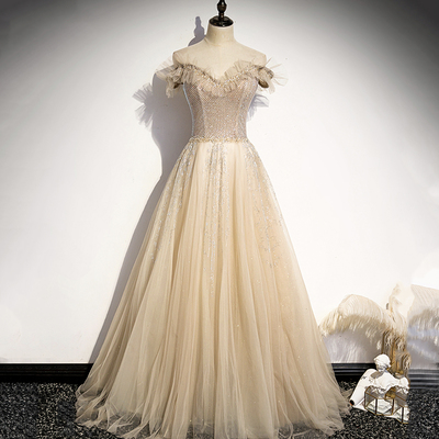 Champagne tulle beads long prom dress formal dress - Thumbnail 4