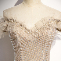 Champagne tulle beads long prom dress formal dress - Thumbnail 1