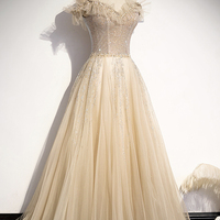 Champagne tulle beads long prom dress formal dress - Thumbnail 2