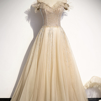 Champagne tulle beads long prom dress formal dress - Thumbnail 4