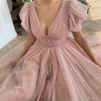 Cute A Line V Neck Ruffled Sleeves Sparkly Tulle Prom Dresses - Thumbnail 2