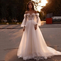Off The Shoulder A Line Tulle Beach Wedding Dress Sweetheart Puffy Sleeves Corset Princess Wedding Gown - Thumbnail 2