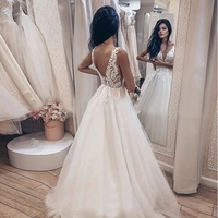 V-neck Appliques Long Bride Dress A Line Tulle Open Back Beach Wedding Gown  - Thumbnail 1