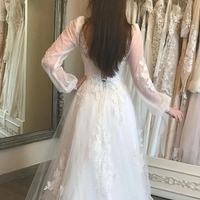 A-Line V-Neck Lantern Sleeve Lace Appliques Wedding Lace Up Back Formal Bride Gown  - Thumbnail 1