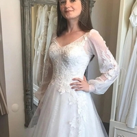 A-Line V-Neck Lantern Sleeve Lace Appliques Wedding Lace Up Back Formal Bride Gown  - Thumbnail 2