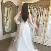 A-Line V-Neck Lantern Sleeve Lace Appliques Wedding Lace Up Back Formal Bride Gown  - Thumbnail 3
