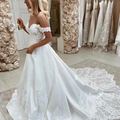 A-line sweetheart off shoulder lace appliques elegant bride gown - Thumbnail 1