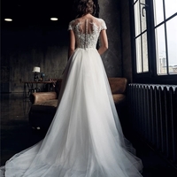 Lace Appliques Cap Sleeves A-line Tulle Boho Wedding Dresses - Thumbnail 1