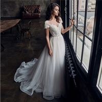 Lace Appliques Cap Sleeves A-line Tulle Boho Wedding Dresses - Thumbnail 2