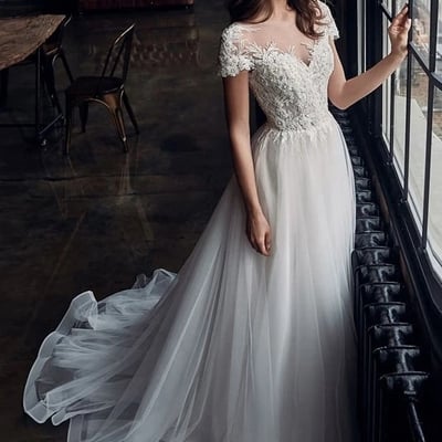 Lace appliques cap sleeves a-line tulle boho wedding dresses - Thumbnail 2