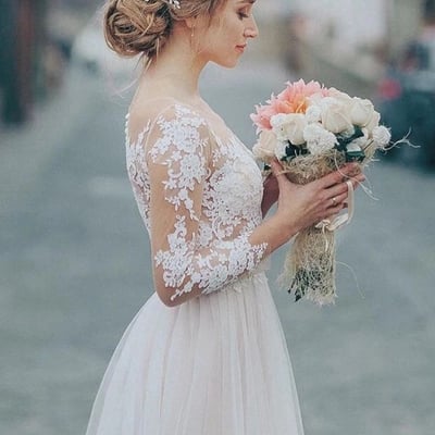 Elegant simple tulle lace applique wedding dresses long sleeve floor-length a-line bridal dress - Thumbnail 1