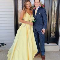 Yellow V-Neck Satin Prom Dress with Pockets,Backless Party Dress,Evening Dress,400 - Thumbnail 1