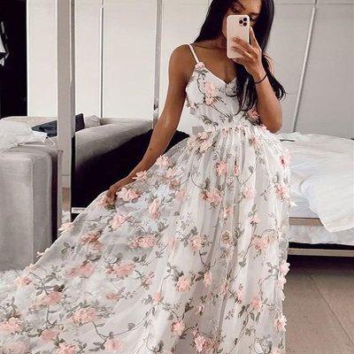 White v neck tulle long prom dress white lace applique evening dress,402 - Thumbnail 2