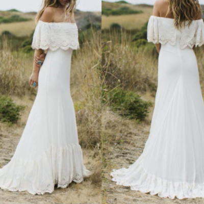 Vintage sexy boho country style wedding dresses off the shoulder white lace chiffon bohemian plus size bridal gowns,406 - Thumbnail 3